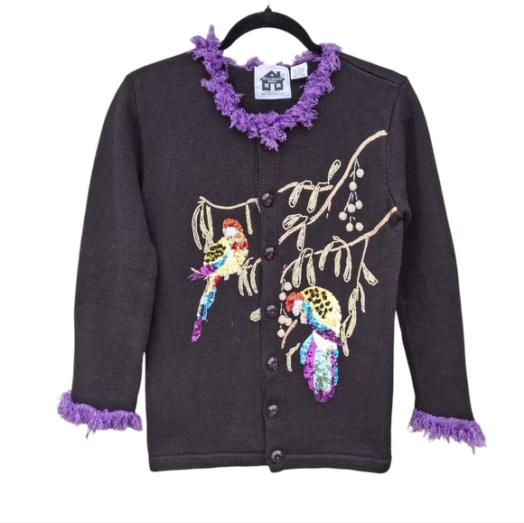 Storybook Knits Sweaters - Storybook Knit Black Embellished Cardigan Sweater "Parrot Fancy" Women Size XS